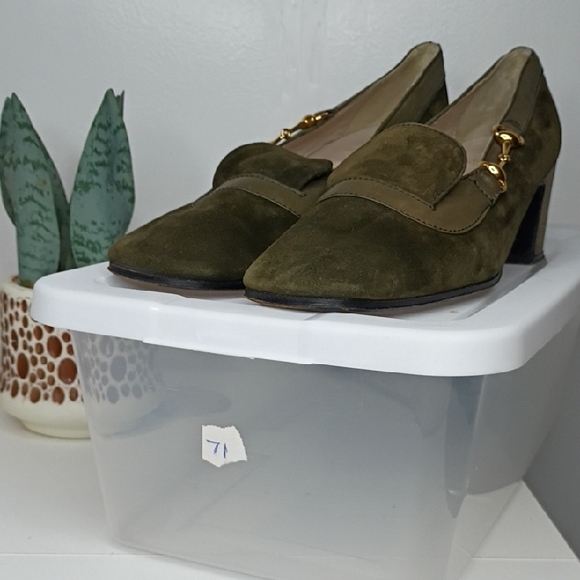 Vintage Gucci Olive Green Suede Block Kitten Heel Loafers Size 37 6.5 Vintage - Picture 13 of 13